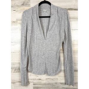 Intimately Free People Womens M Gray Ribbed V Neck Long Sleeve Cotton Top